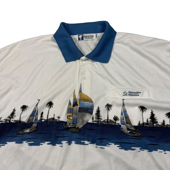 Polo Men's XXL Vintage Beach Vacation Blue White Striped Ocean Island Zone - Picture 2 of 8